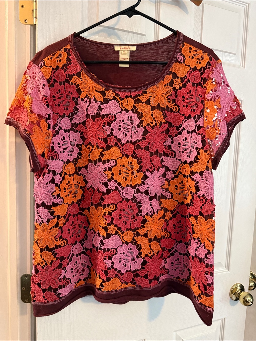 Sundance Short-Sleeve Floral Lace Tee in Pink, Orange & Burgundy